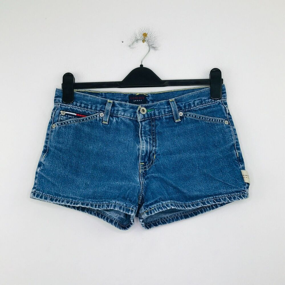 VTG Tommy Jeans Juniors 7 Denim Shorts Blue Medium Wash Side Strap Mid Rise BS11